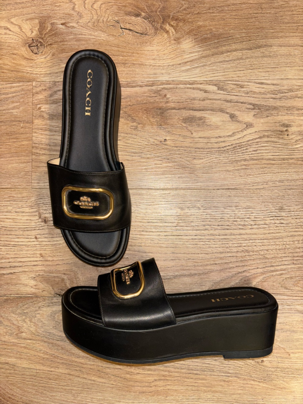 Coach Black Leather Platform Slide Sandals with Gold Hardware